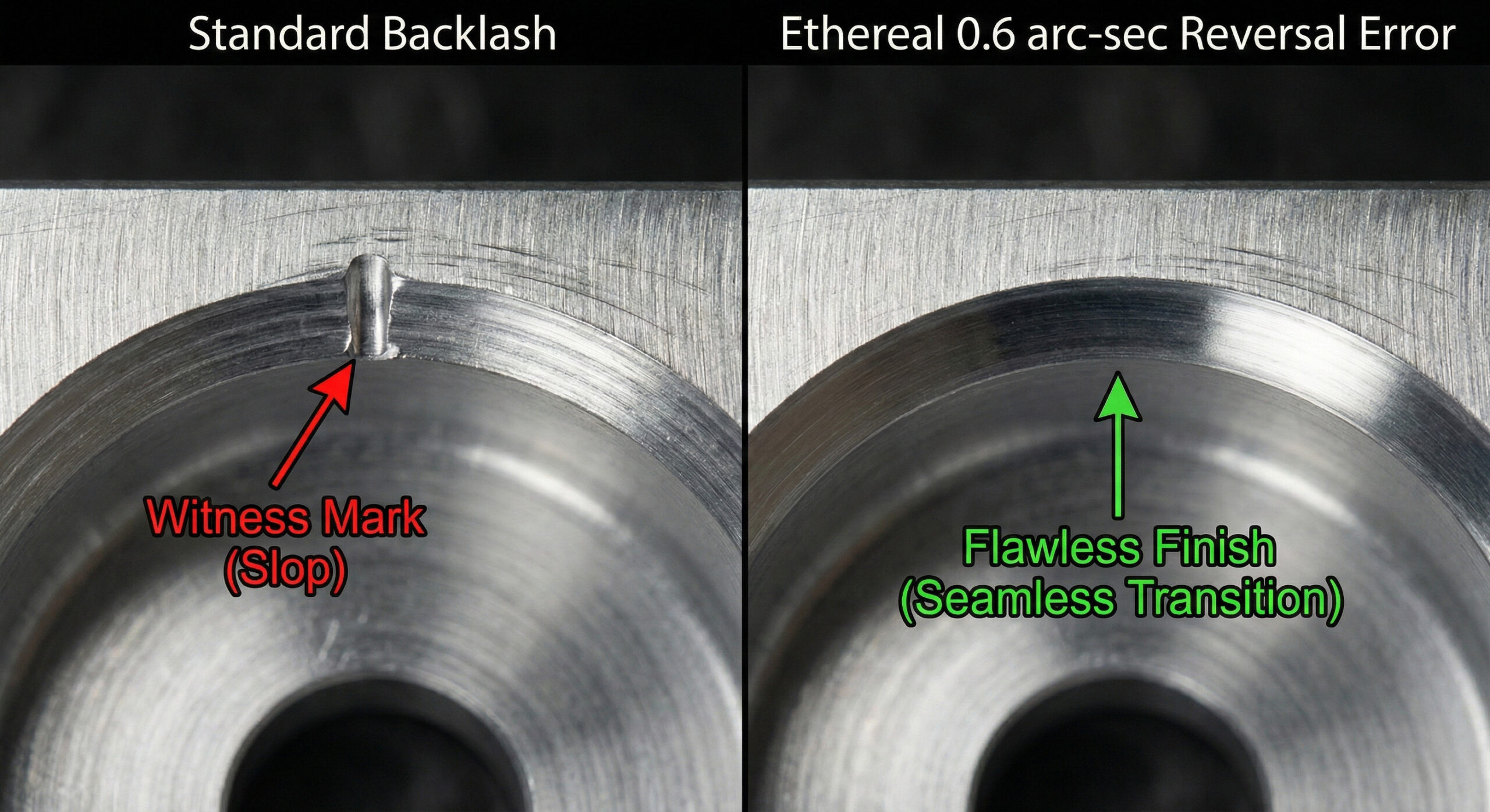 Macro comparison of machined metal pockets showing a witness mark caused by standard CNC backlash versus a flawless quadrant transition achieved by Ethereal Machines' 0.6 arc-second reversal error.