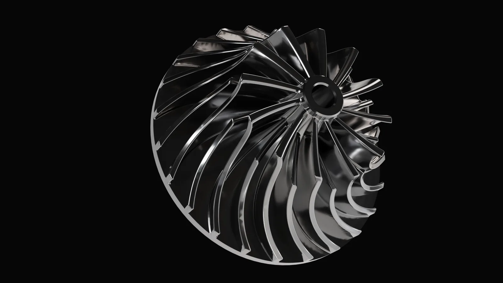 A polished metal impeller machined on an Ethereal Machines five-axis CNC