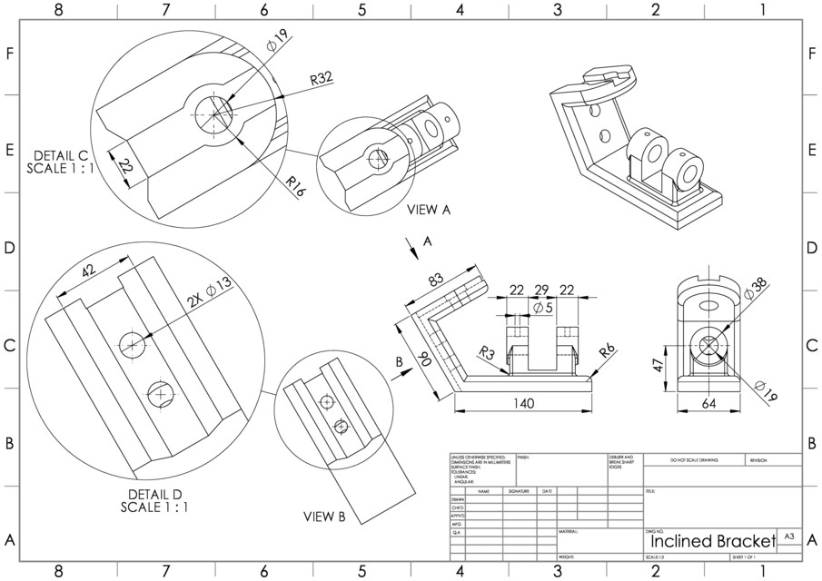 Engineering drawing of a representative 5-axis machined bracket — inclined face and bored lugs at compound angles