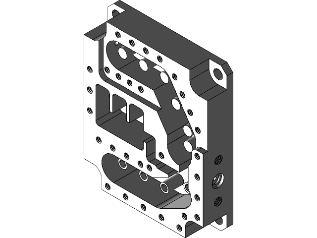 Representative 5-axis RF filter housing — internal resonator cavities with multi-face connector ports