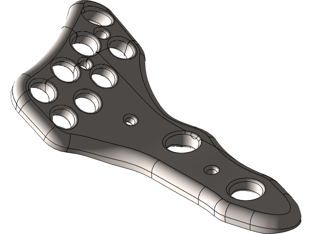 Representative 5-axis orthopaedic plate — compound-curved surface with angled locking-screw holes